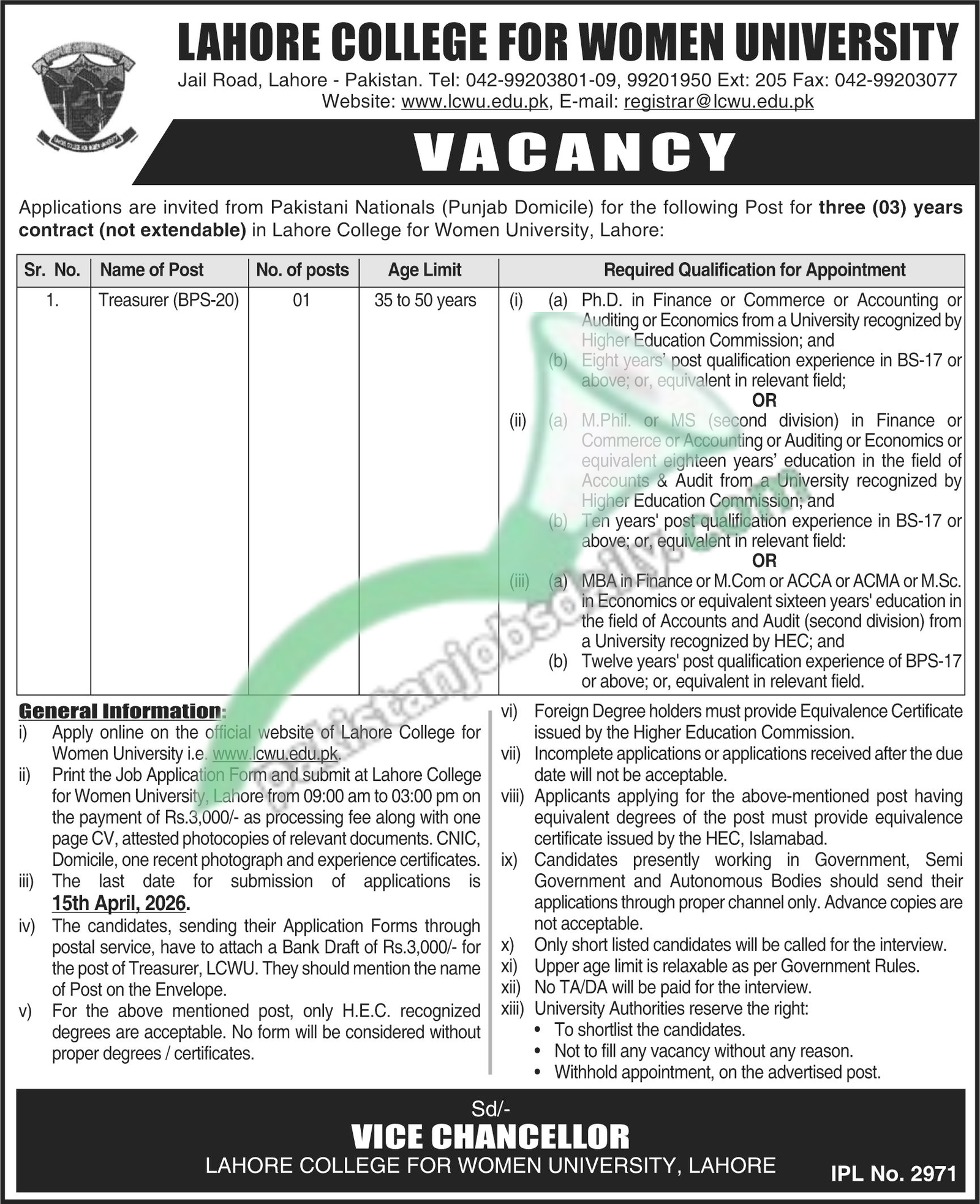 LCWU Jobs 2026 in Lahore – Apply Online for Treasurer (BPS-20) at Lahore College for Women University
