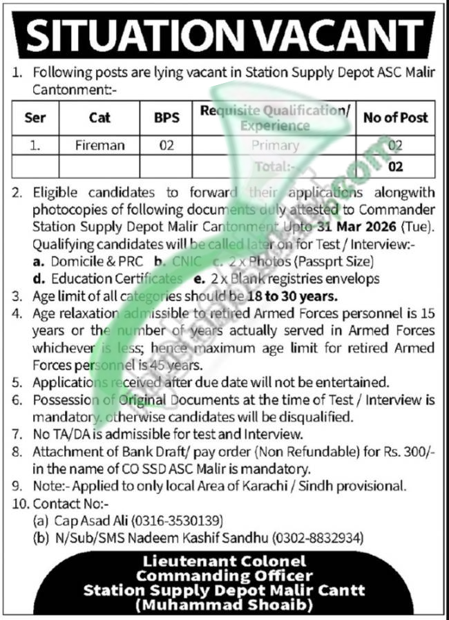 Pak Army Civilian Jobs 2026 in ASC Malir Karachi – Apply Now for Fireman BPS-02