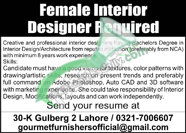Gourmet Female Interior Designer Jobs 2026 in Lahore – Apply Online Before Last Date